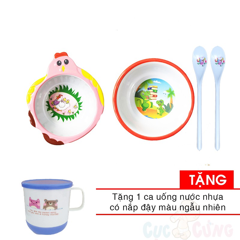 Tô cho bé tập ăn hình gà + Tô trẻ em in hình bằng nhựa + 2 muỗng ăn dặm cán dài TẶNG 1 ca uống nước