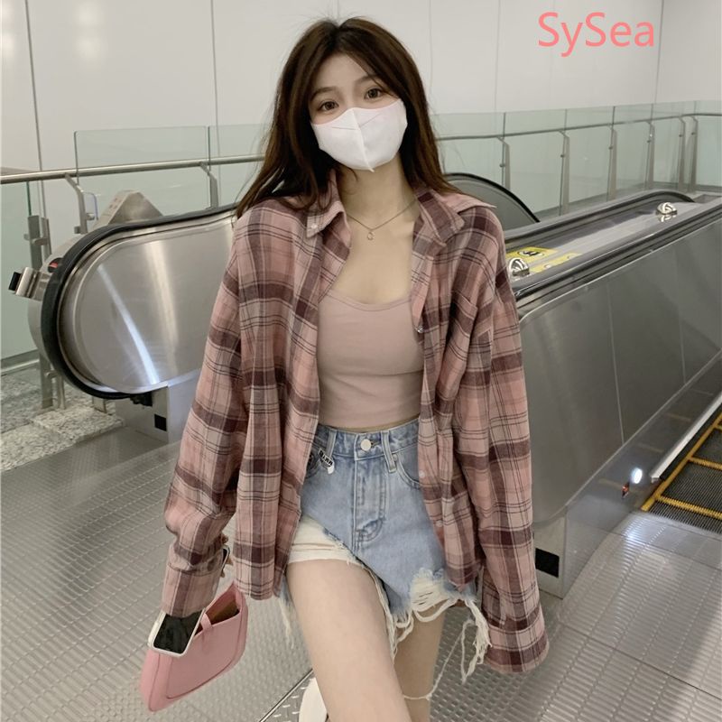 Áo Sơ Mi Kẻ Caro Hồng Phong Cách Vintage Cho Nữ