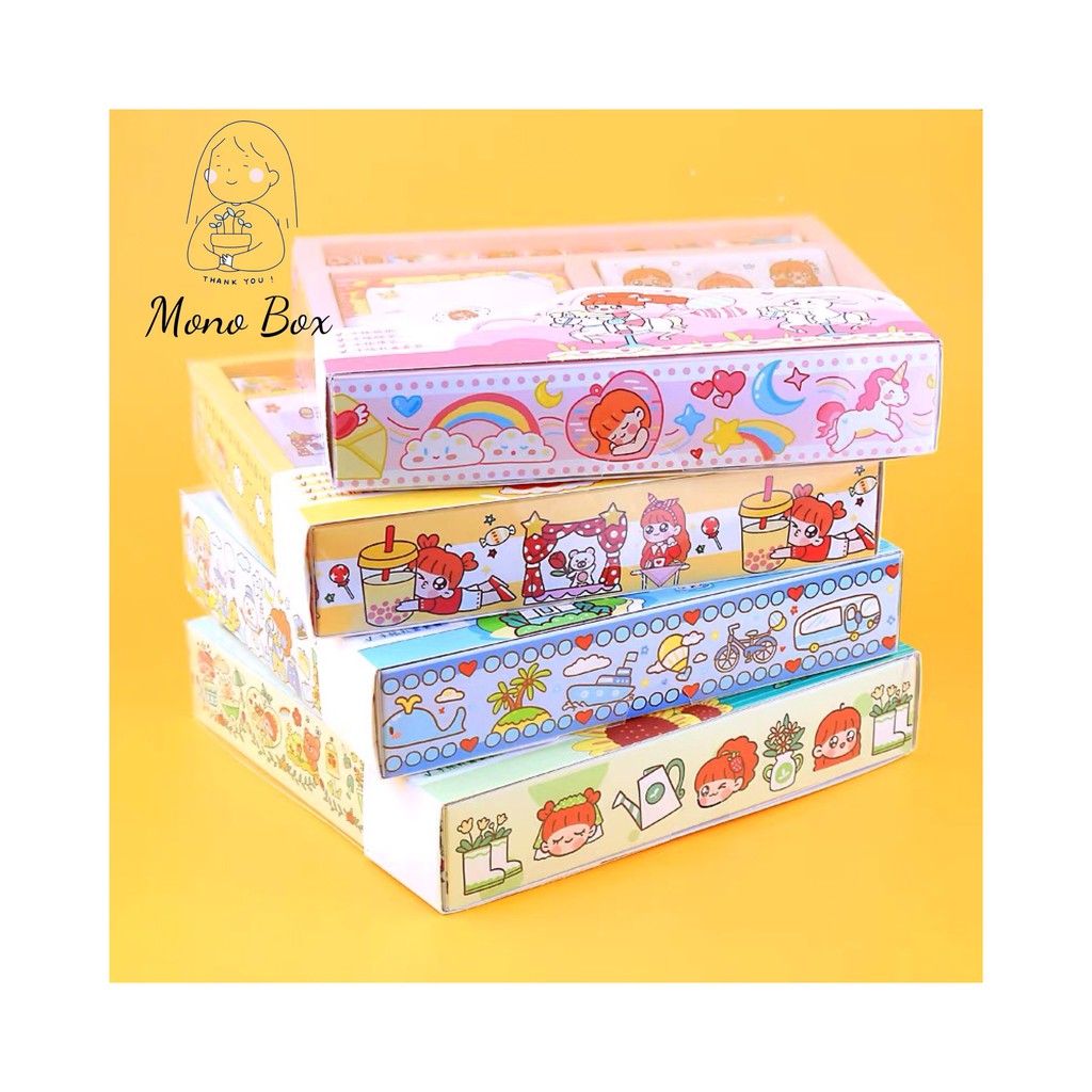 Combo sticker dán 10 tờ, 10 cuộn washi tape, 30 tờ giấy note hoạt tiết cô gái ngọt ngào dễ thương Mono_box CB1