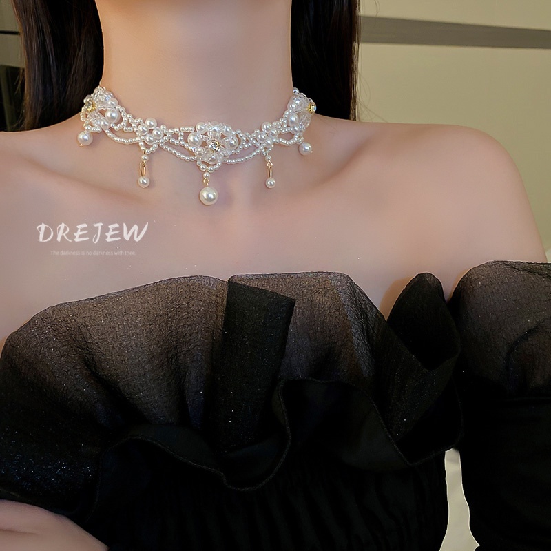 Dây chuyền DREJEW đính đá pha lê và ngọc trai hình hoa thời trang sang trọng cho nữ