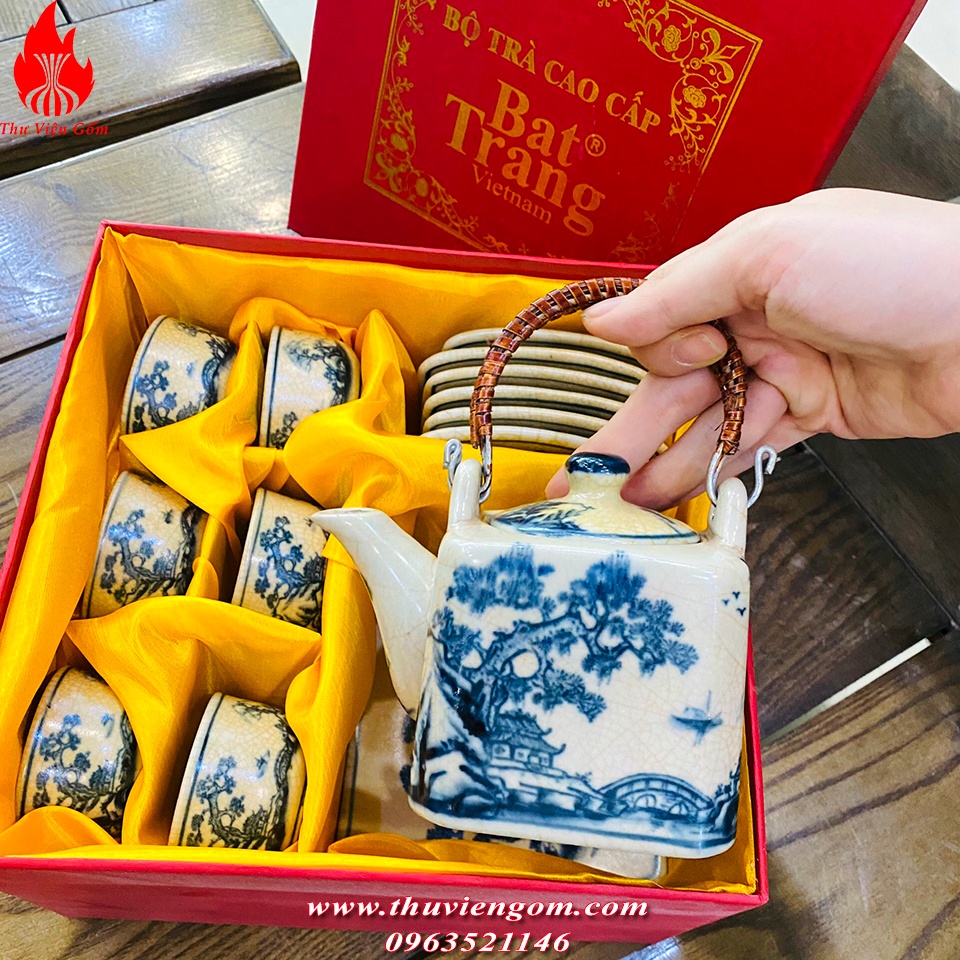 Bộ ấm chén uống trà Bát Tràng men rạn cổ dáng vuông