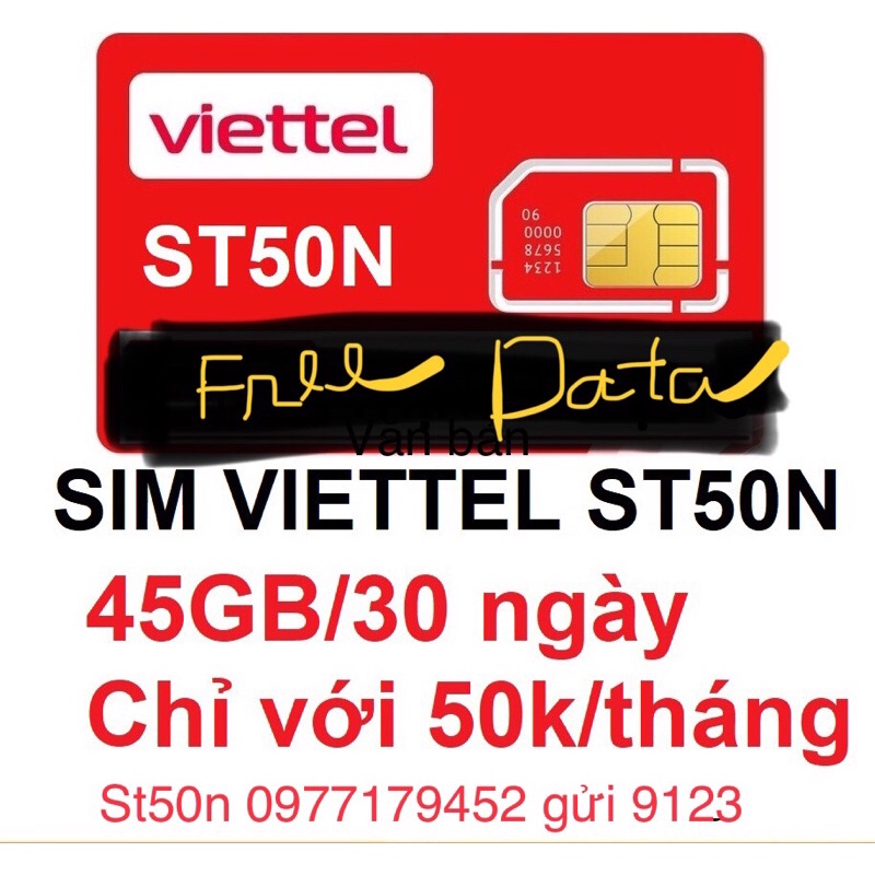 Sim 4G Viettel gói st50n free 45gb/tháng chỉ 50k/tháng