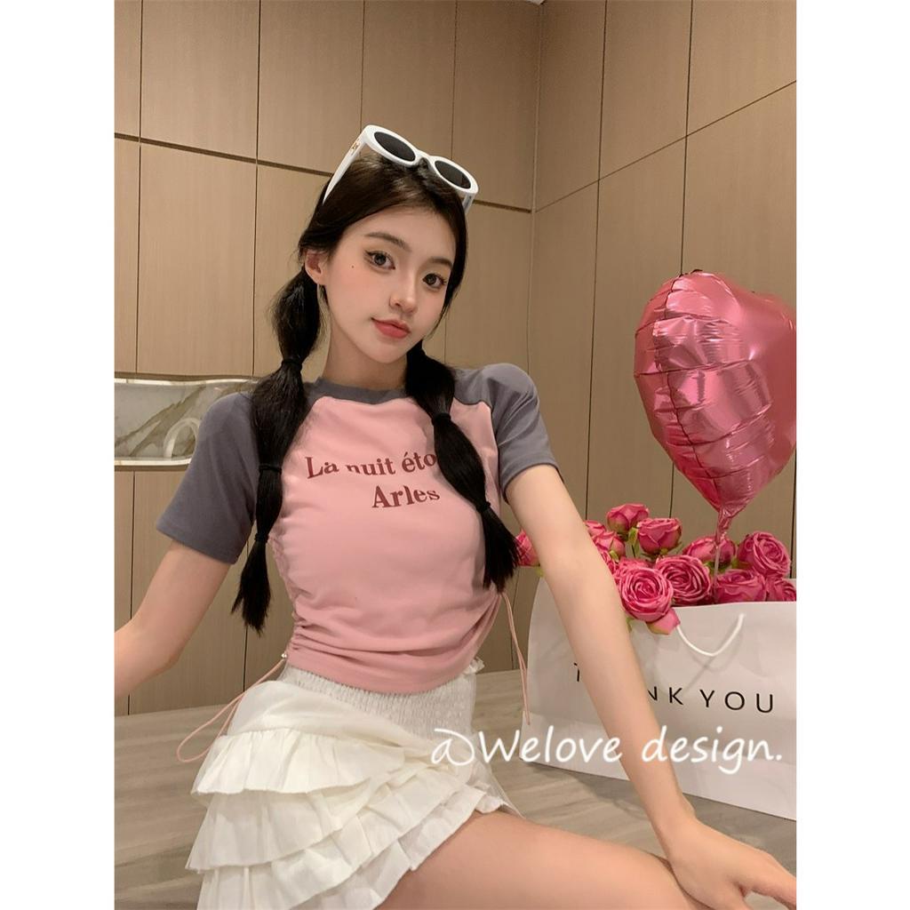 「 WELOVE1 」Áo Thun Tay Ngắn In Chữ Phối Dây Rút Nhiều Màu Sắc Tương Phản Phong Cách Mỹ Thời Trang Mùa Hè Cho Nữ