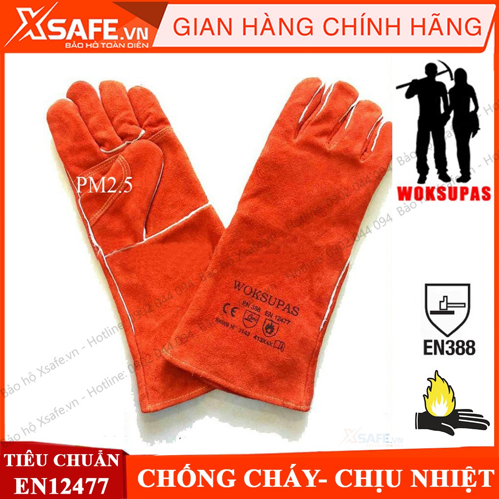 Găng tay da hàn Woksupas EW009 Bao tay hàn da bò, chống cháy, chịu nhiệt, tia lửa văng bắn, lớp lót cotton chống hầm bí