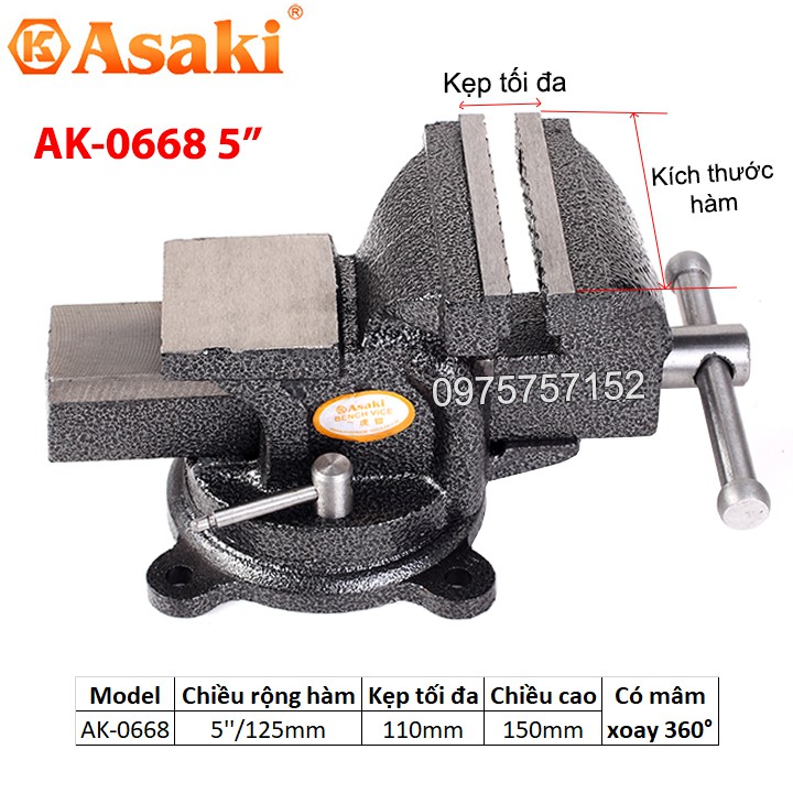 Ê tô bàn nguội xoay 360° Asaki AK-0668 5'' - Khả năng kẹp 11cm AK-668