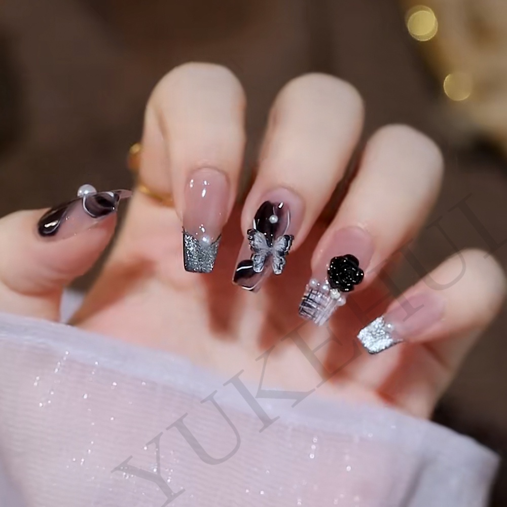 2461 YUKEHUI bộ móng tay giả set móng giả trong suốt móng tay giả đính nơ móng tay giả dài đính đá móng giả đẹp bộ móng tay giả đính đá móng tay giả đính đá ngắn  bộ móng tay giả kèm keo