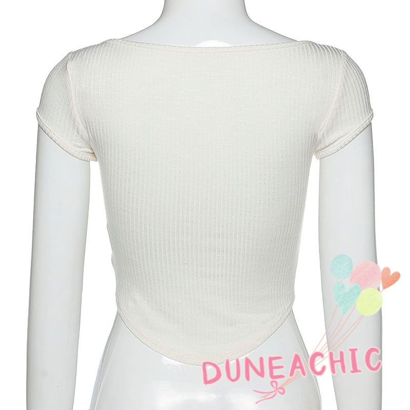 DUNEA Áo Thun Lửng Tay Ngắn Cổ Chữ U Màu Sắc Đơn Giản Cho Nữ