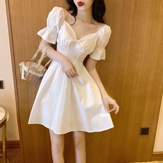 Temperament bubble sleeve fairy dress high waist slim V tie solid color A dress short skirt new fashionable women's dress