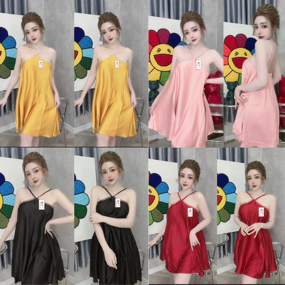 Váy ngủ sexy , kèm quần lụa satin trơn vãi siêu mát fom dưới 60 kg siêu đẹp, nhiều màu