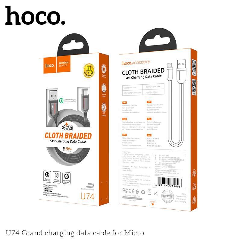 Cáp sạc nhanh Hoco U74 hợp kim kẽm 2.4A cho iPhone, iPad, Android dây dài 1.2m