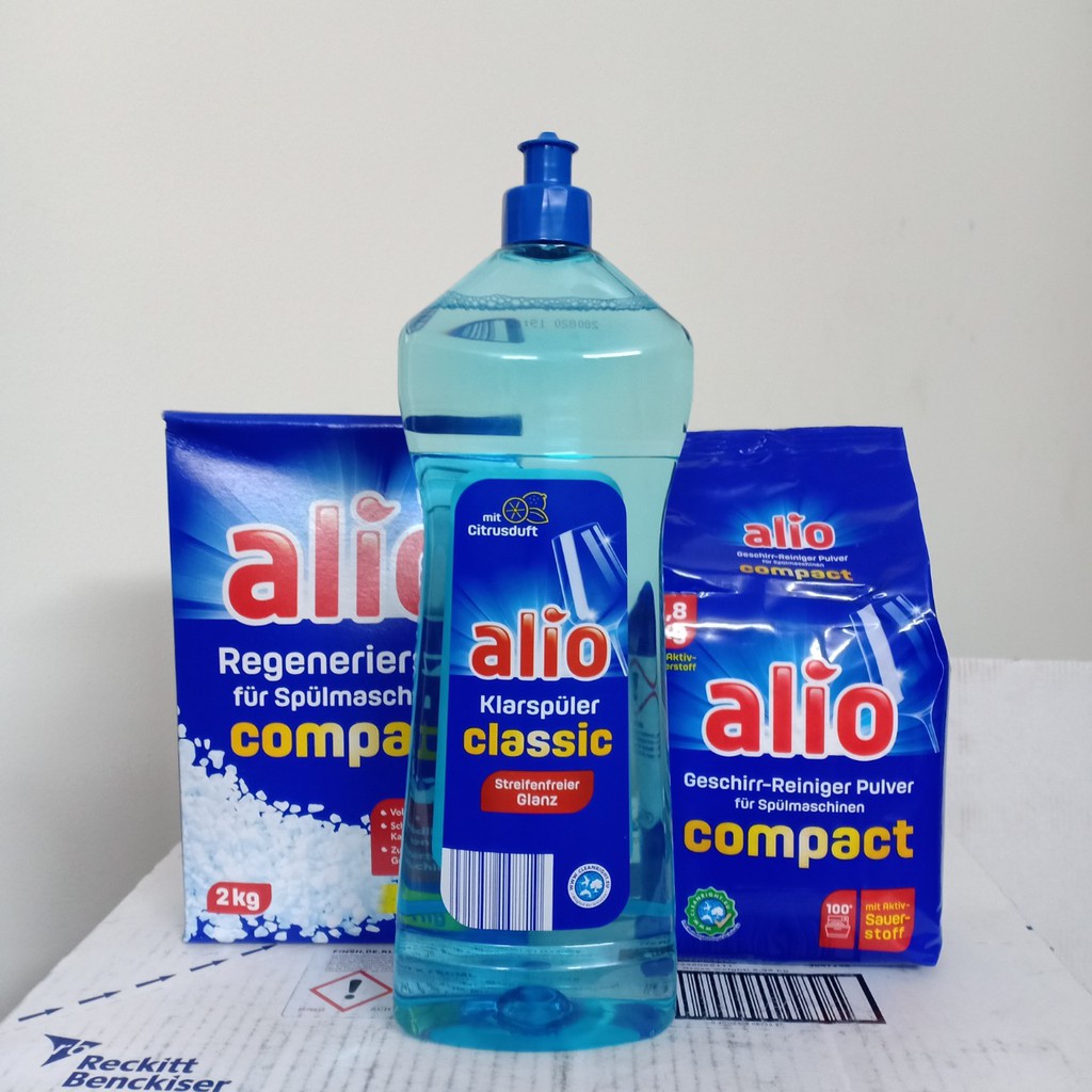 Combo Muối rửa bát Alio 2kg+Bóng 1LÍT +bột Alio 1.8kg dùng cho máy rửa bát