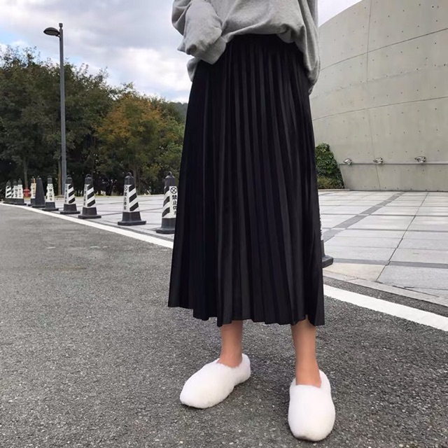 Chân váy midi nhung xếp li dáng dài phong cách vintage