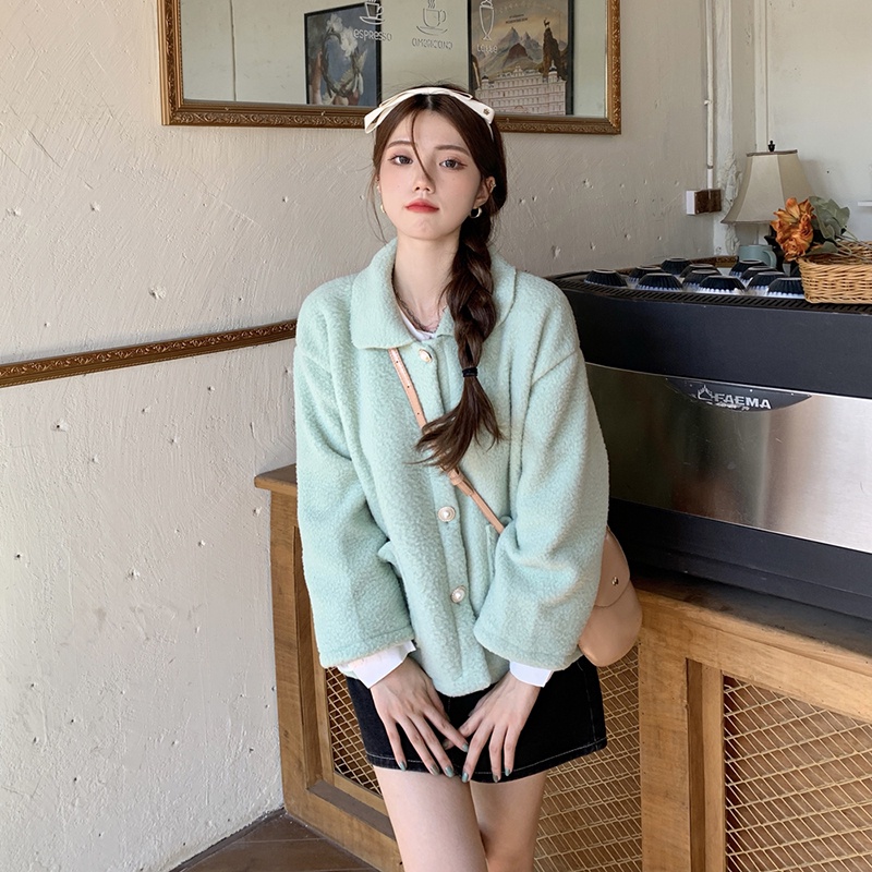 IELGY  Áo Khoác Giả Lông Cừu Dáng Rộng Ngắn Lưng Phong Cách Hàn Quốc Trẻ Trung Cho Nữ