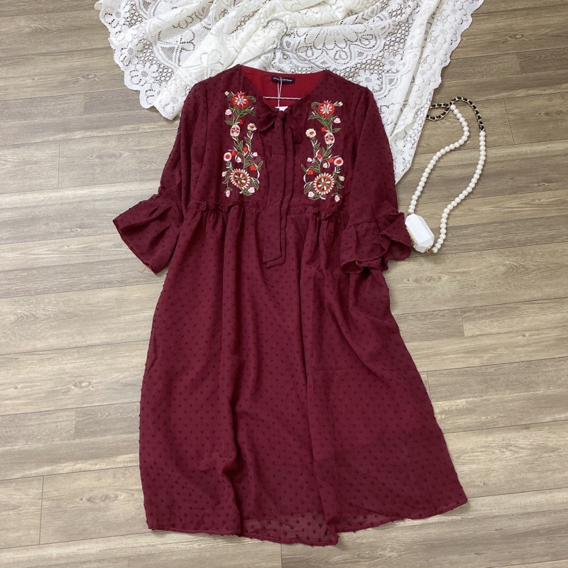 (47-75kg)Đầm bầu thêu hoa baby doll tay lỡ - Váy bầu voan hạt gạo