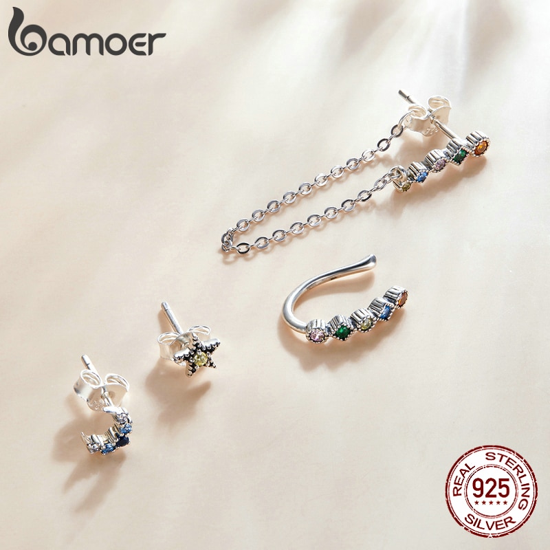 BAMOER 1 Bông Tai Bạc Dáng Dài Hình Mặt Trăng Và Ngôi Sao Thời Trang Cho Nữ SCE1064