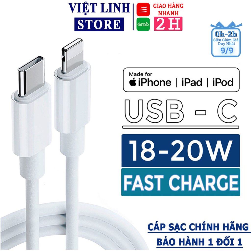 Dây cáp sạc iPhone sạc nhanh PD 20w 18w, dành cho iphone 11/11 promax, Ipad, iPhone - Hàng chính hãng - Việt Linh Store