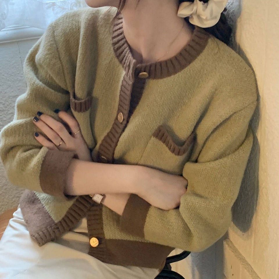 Áo khoác sweater mềm mại phối màu phong cách Pháp thời trang cho nữ