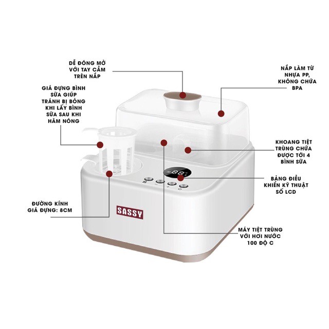 Máy Tiệt Trùng Bình Sữa và Hâm Sữa màn hình Led điều chỉnh nhiệt độ hâm sữa - 2 trong 1 Sassy - 320E