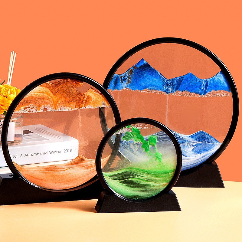 Tranh cát thủy tinh chảy chuyển động 3D tranh nghệ thuật đồng hồ cát hình tròn trang trí decor