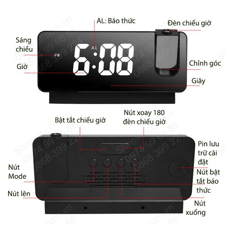 Đồng hồ chiếu giờ lên tường, trần nhà, có hiển thị lịch, nhiệt độ và báo thức