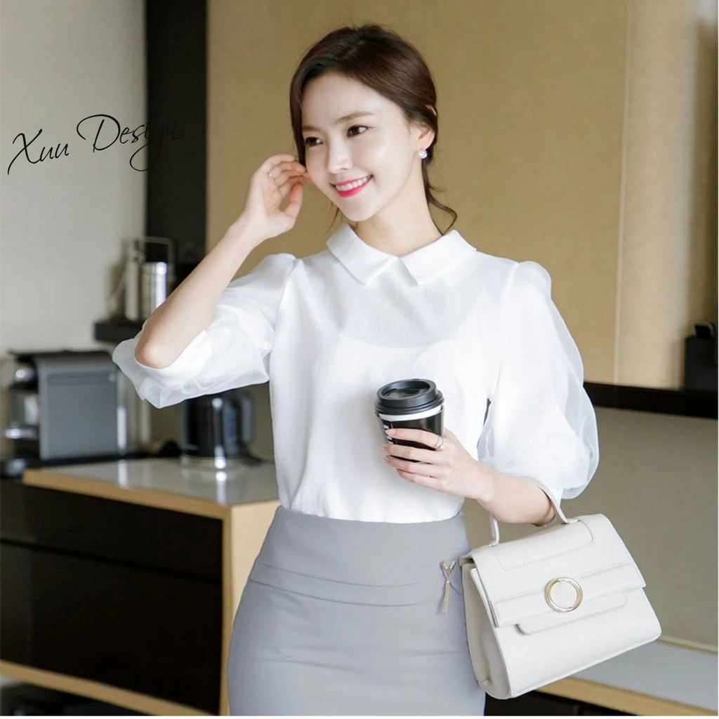 Áo sơ mi nữ công sở Xuu, tay lỡ phối voan bồng nhẹ kiểu dáng thanh lịch - Xu11