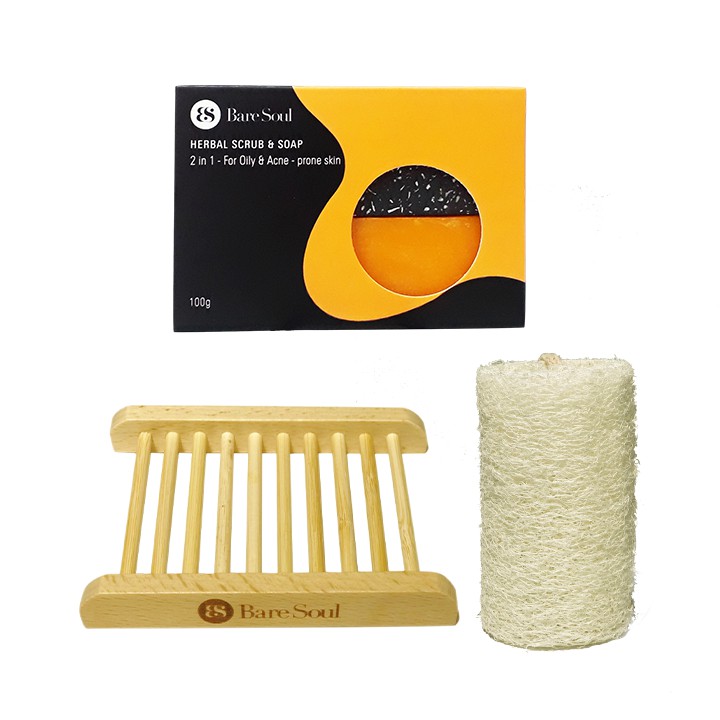 Combo bánh xà phòng BareSoul Herbal Scrub &amp; Soap 100g + Giá gỗ đựng xà phòng + Xơ mướp thiên nhiên