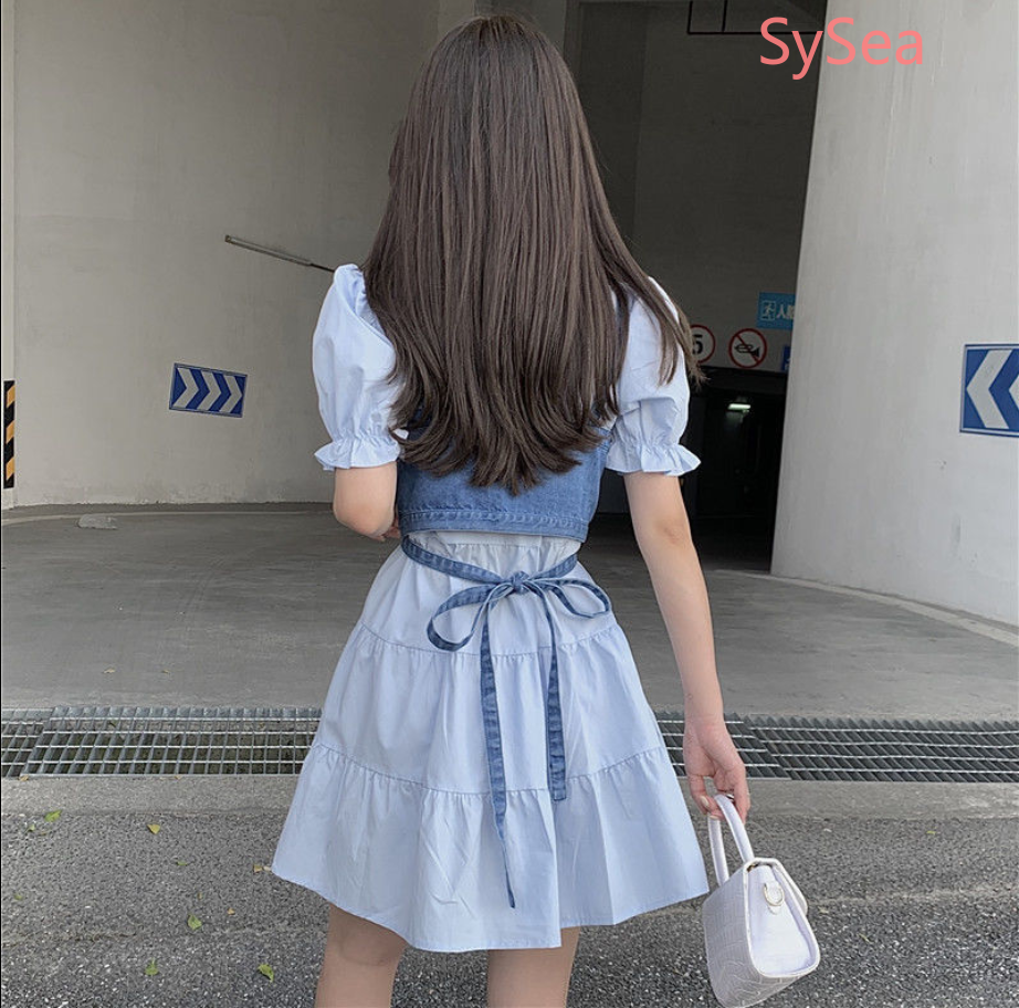Đầm tay phồng/Áo hai dây vải denim kiểu retro xinh xắn cho bạn gái | BigBuy360 - bigbuy360.vn