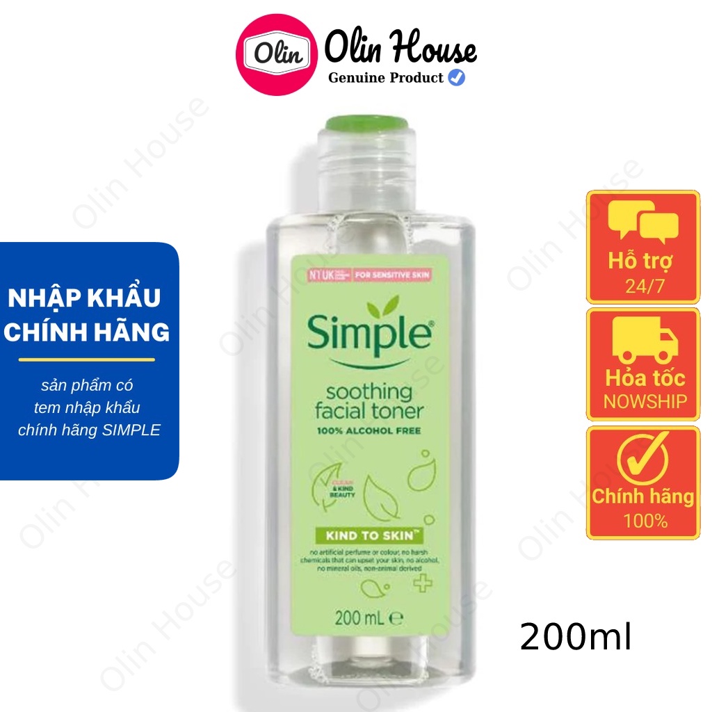 Nước hoa hồng Simple Moothing Facial Toner Simple cân bằng độ ẩm cho da 200ml - Olin House