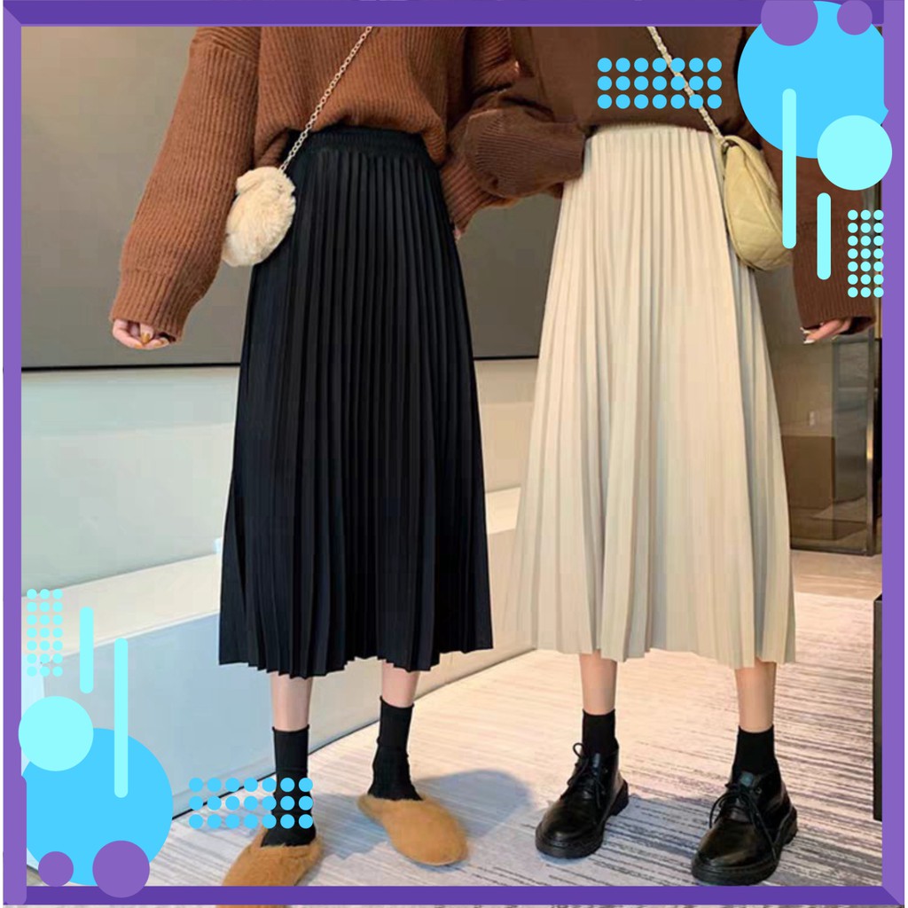 CHÂN VÁY XẾP LI MIDI MÀU BE MÀU ĐEN ULZZANG HOT - (Sp sẵn) [ cực hot ]