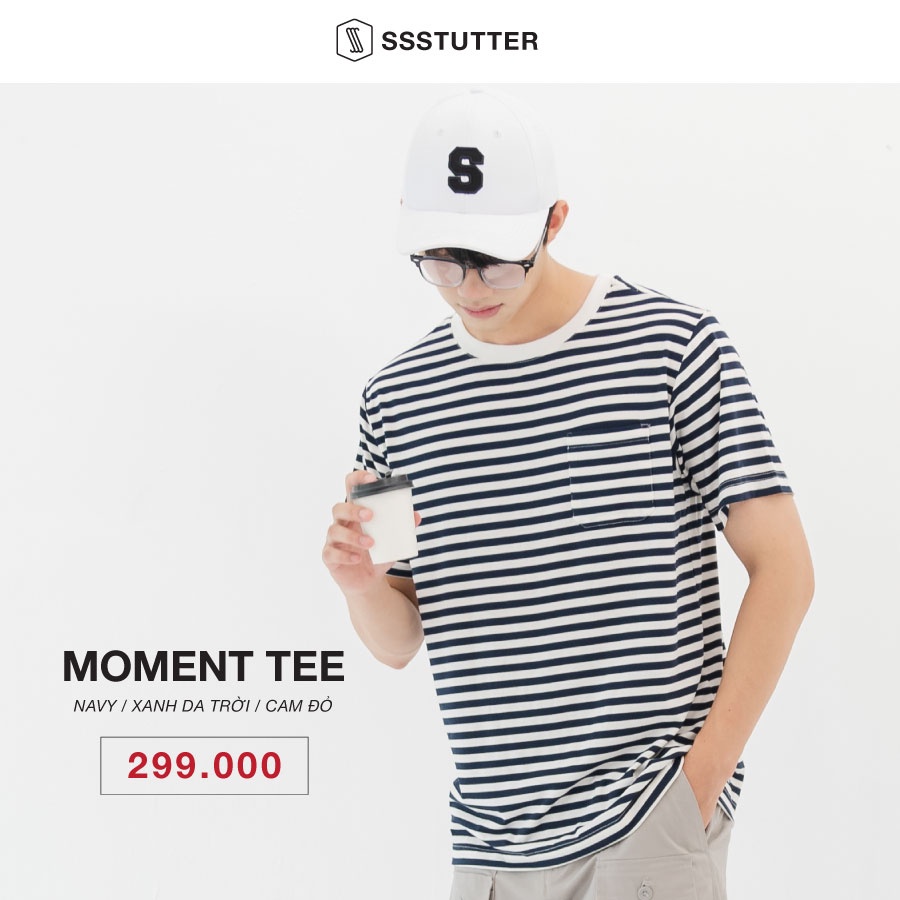 Áo phông Unisex có túi ngực họa tiết kẻ sọc ngang SSStutter vải Cotton thấm hút mồ hôi 3 màu Moment Tee | BigBuy360 - bigbuy360.vn