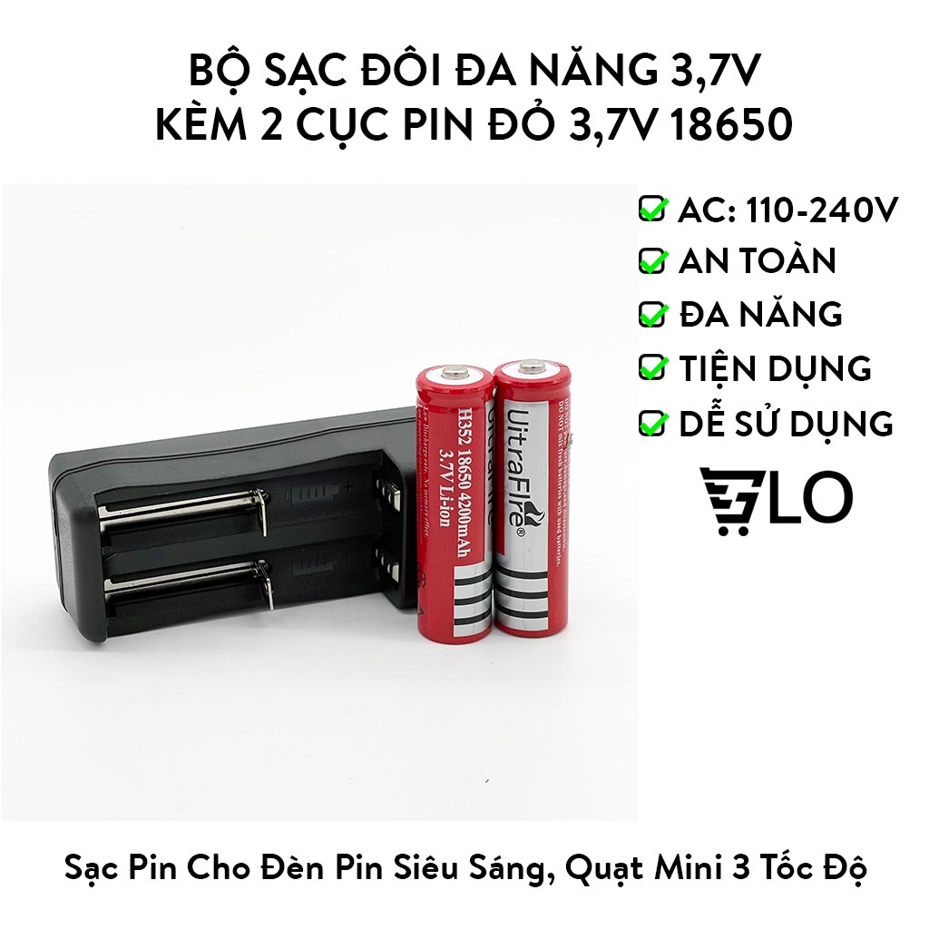 Bộ Sạc Đôi Đa Năng 3,7V Kèm 2 Cục Pin Đỏ 3,7V 18650