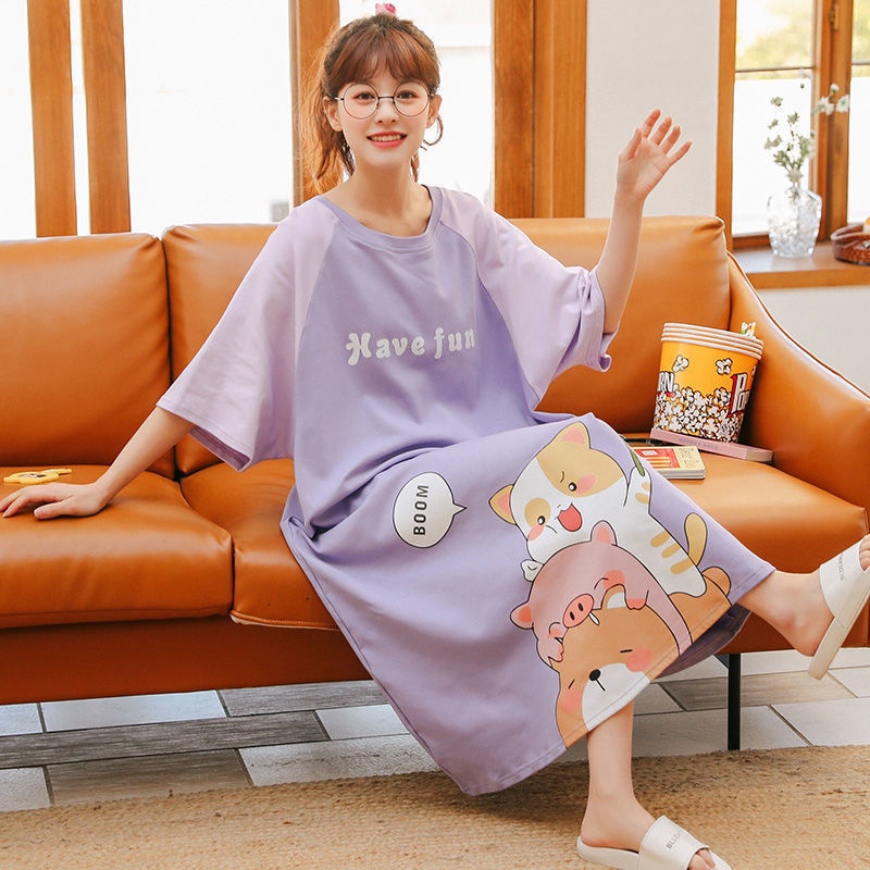 Đầm Ngủ Tay Ngắn Dáng Rộng In Họa Tiết Hoạt Hình Dễ Thương Phong Cách Hàn Quốc Thời Trang Mùa Hè Cho Nữ