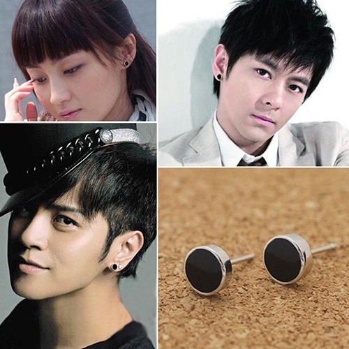 Đôi Khuyên Tai Chốt Bạc 925 Dáng Tròn Màu Đen Thời Trang Cho Nam Và Nữ