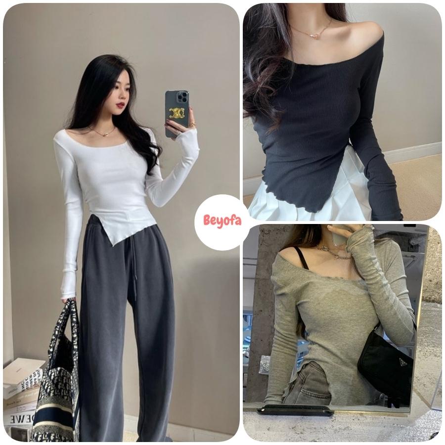 [Mã 11FASHIONSALE1 giảm 10k đơn 50k] Áo Thun Dài Tay Nữ Ôm Body Xẻ Tà Trễ Vai - Áo Thu Đông Nữ Tay Dài Cổ Bèo Vạt Lệch
