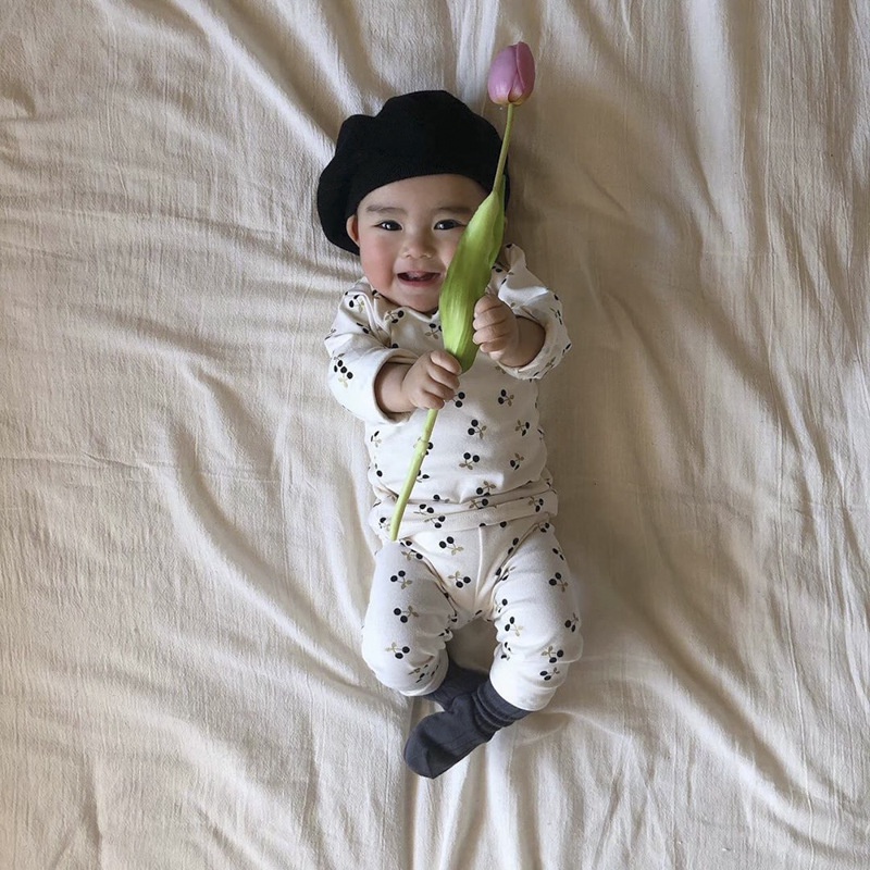 Bộ thu đông dài tay cotton trắng in hình cherry mềm mịn cho bé gái