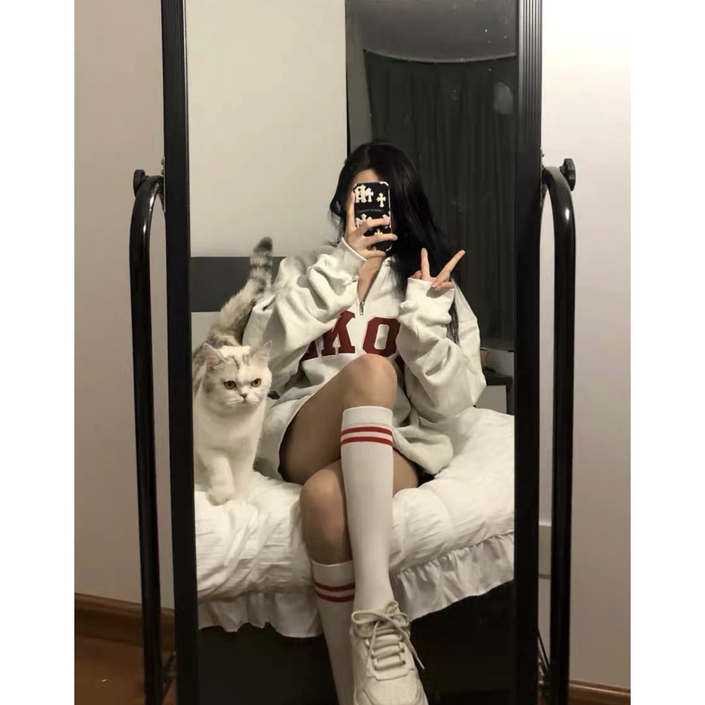 Áo Nỉ Cổ Cao Lkoo PEONYB Nữ [FREESHIP]  Sweater form rộng tay bồng, hoodie zip thêu chữ đỏ cá tính Ulzzang