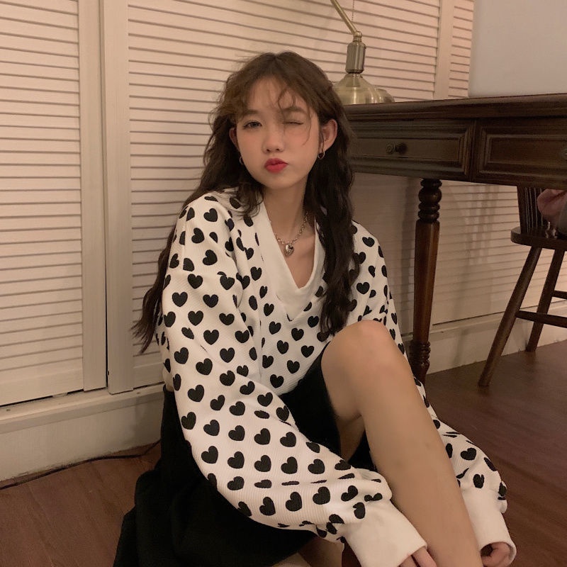 Áo Sweater Tay Dài Cổ Chữ V In Họa Tiết Trái Tim Thời Trang Hàn Quốc 2022 Cho Nữ