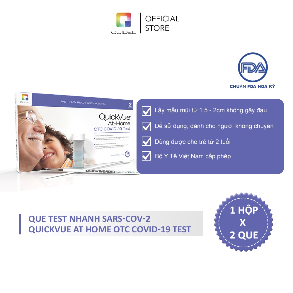 QuickVue Covid-19 Test nhanh tại nhà - Hộp 2 kit (lấy mẫu mũi chỉ 1.5 - 2cm không gây đau) - Hàng Mỹ chính hãng