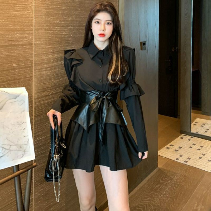 Váy sơ mi tiểu thư mix đai da