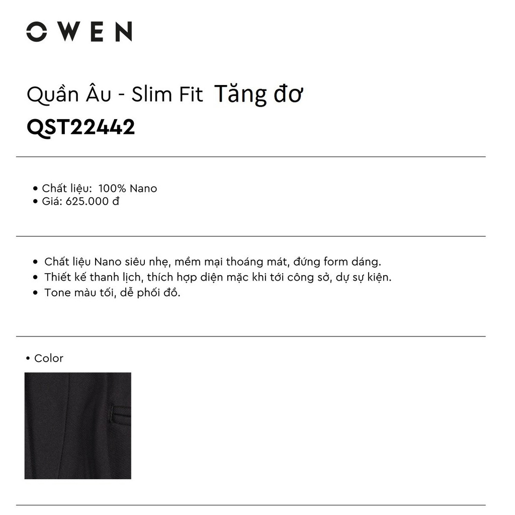 Quần Tây Nam Owen QST22442 Quần Âu Nam Màu Đen Dáng Slim Fit Cạp Tăng Đơ