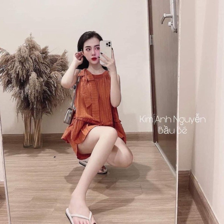 Sét yếm dập ly, sét đũi đi biển áo phối nơ vai dáng xòe phối quần short cạp chun thoải mái