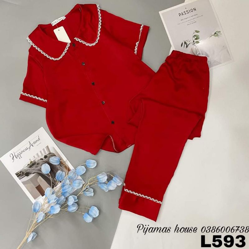 Bộ Pyjama Tay Cộc Quần Dài Viền Ren - Hàng thiết kế có size