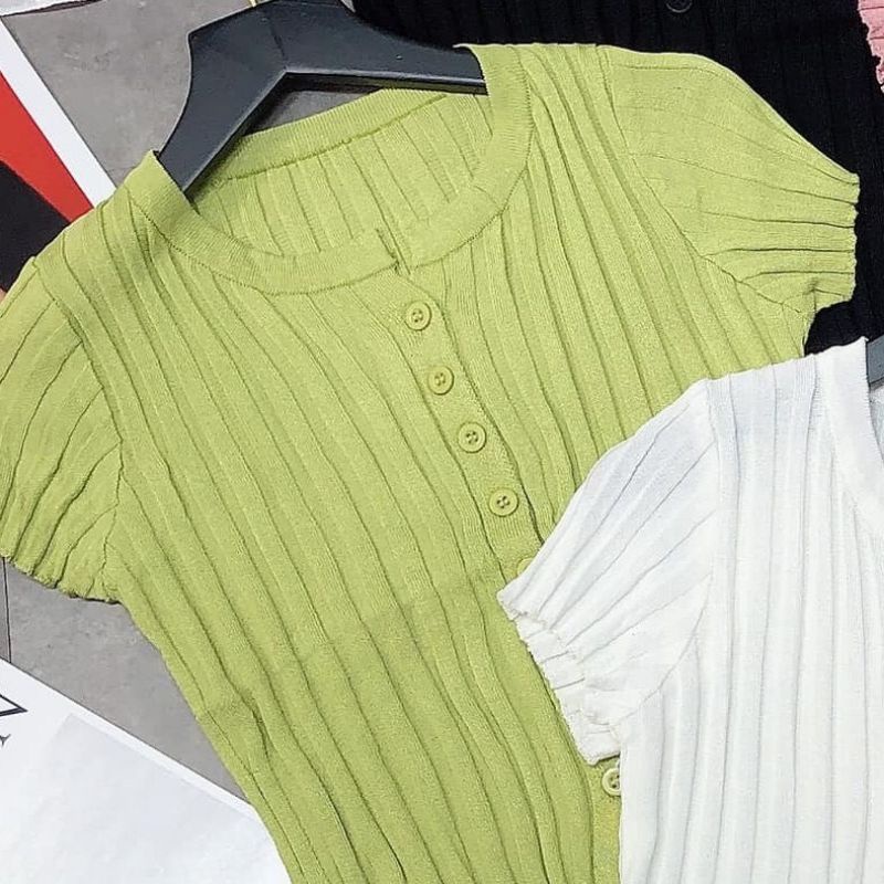 Áo Len tăm nữ cộc tay cài khuy cổ tròn trơn nhiều màu CROPTOP