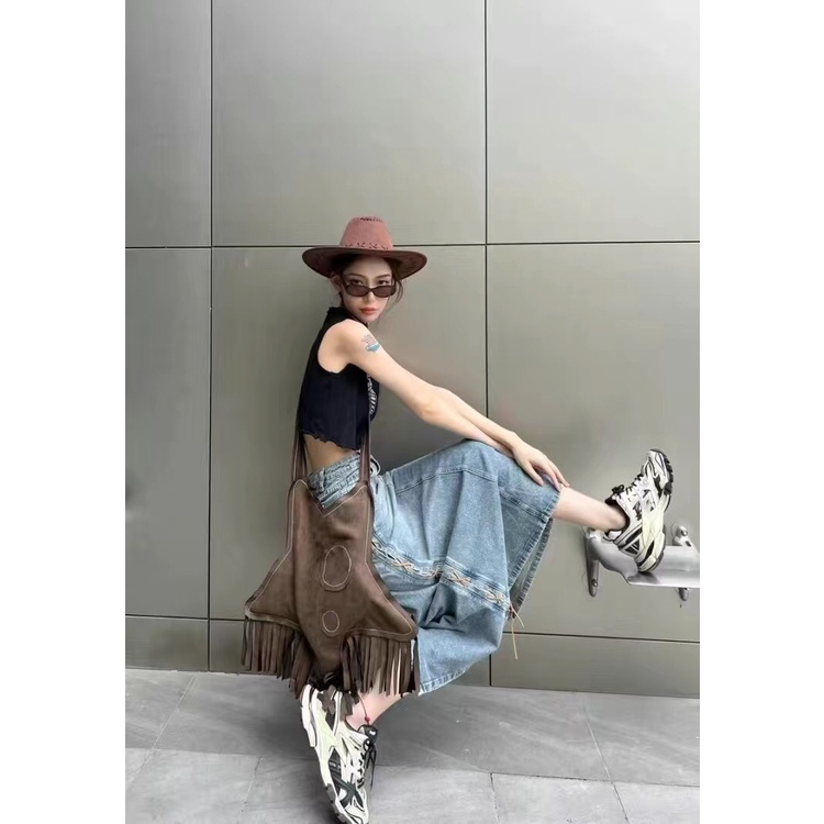 Túi Đeo Chéo Da Lộn Phối Tua Rua Vintage Phong Cách Âu Mỹ 2022