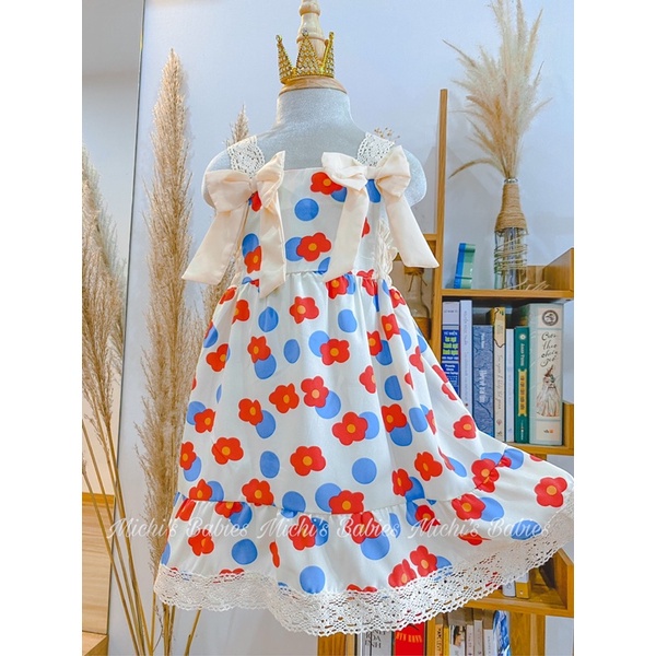 váy hoa cho bé gái 2 dây ren đính nơ 8-20kg