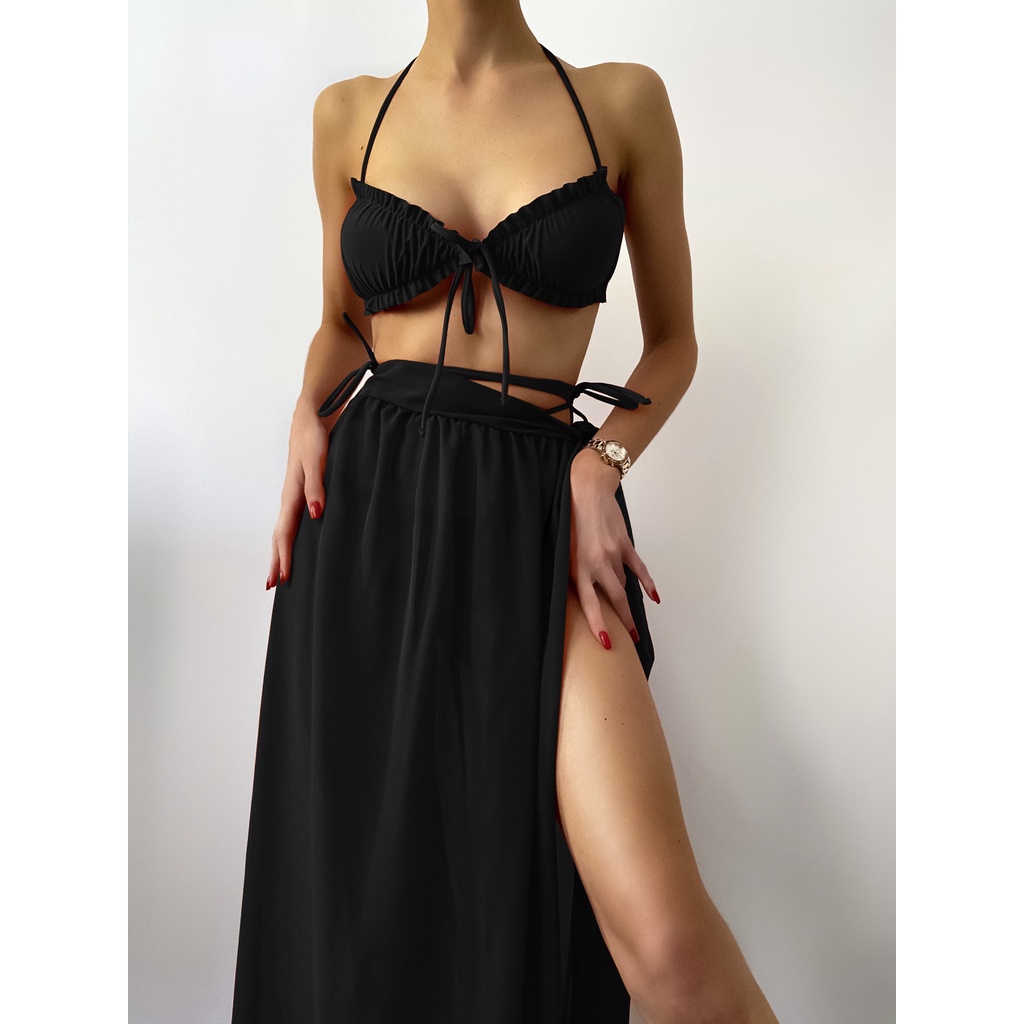 Bikini Tam Giác Dây Rút Kèm Váy Cover Up Dài Đi Biển Siêu Nâu Tây