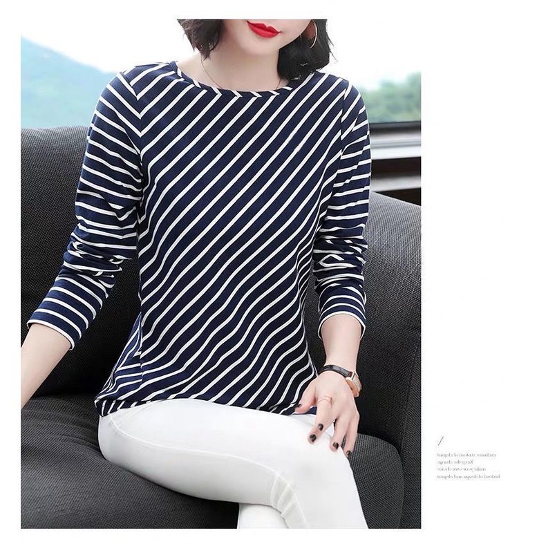 Áo Thun Tay Dài Dáng Rộng Plus Size Họa Tiết Kẻ Sọc Cho Phụ Nữ Trung Niên