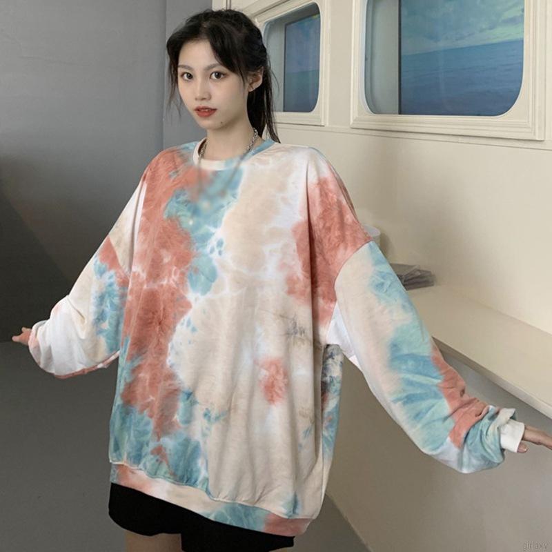 Korean Fashion Tie Dye Round Neck Loose Leisure Long Sleeve T-Shirt
