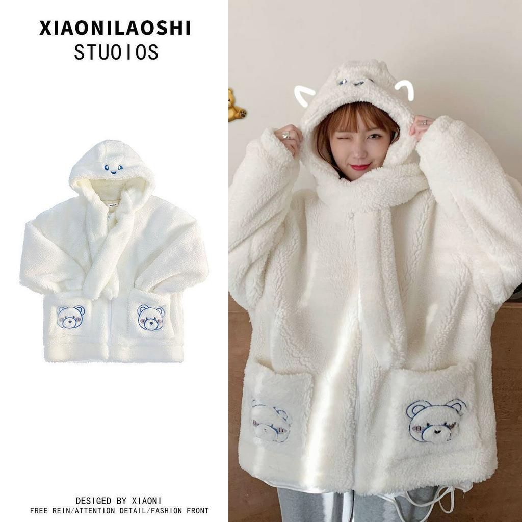 Áo khoác lông cừu dày dặn có nón trùm đầu xinh xắn dễ thương cho nữ