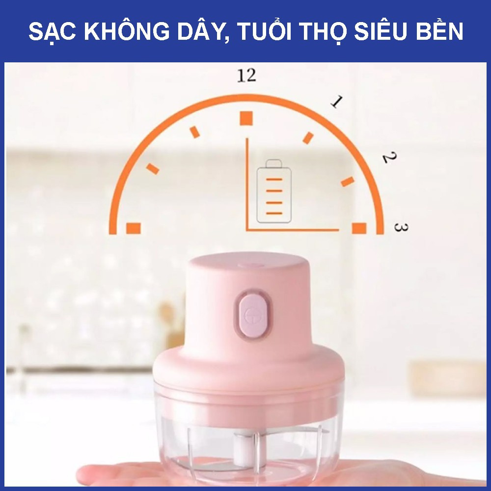 Máy xay tỏi ớt cầm tay mini sạc pin cao cấp dung tích 250ML, Máy xay thịt đa năng 3 lưỡi bằng thép không gỉ